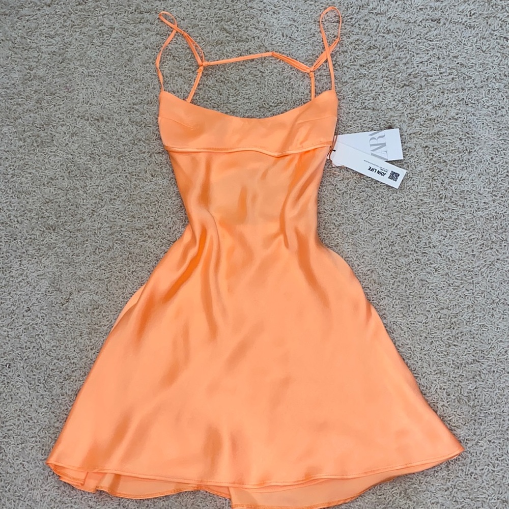 NWT Zara Orange Satin Effect Cut Out Mini Dress